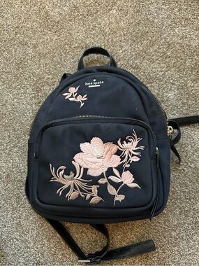 kate spade Black Backpack with Pink Floral Embroidery Accent